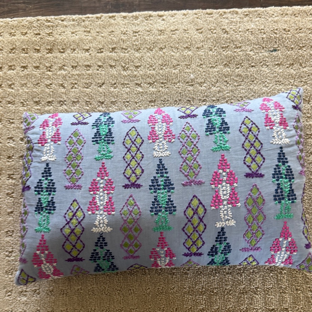 John Robshaw Lavender Pillow with Pink, Green and Navy Embroidery